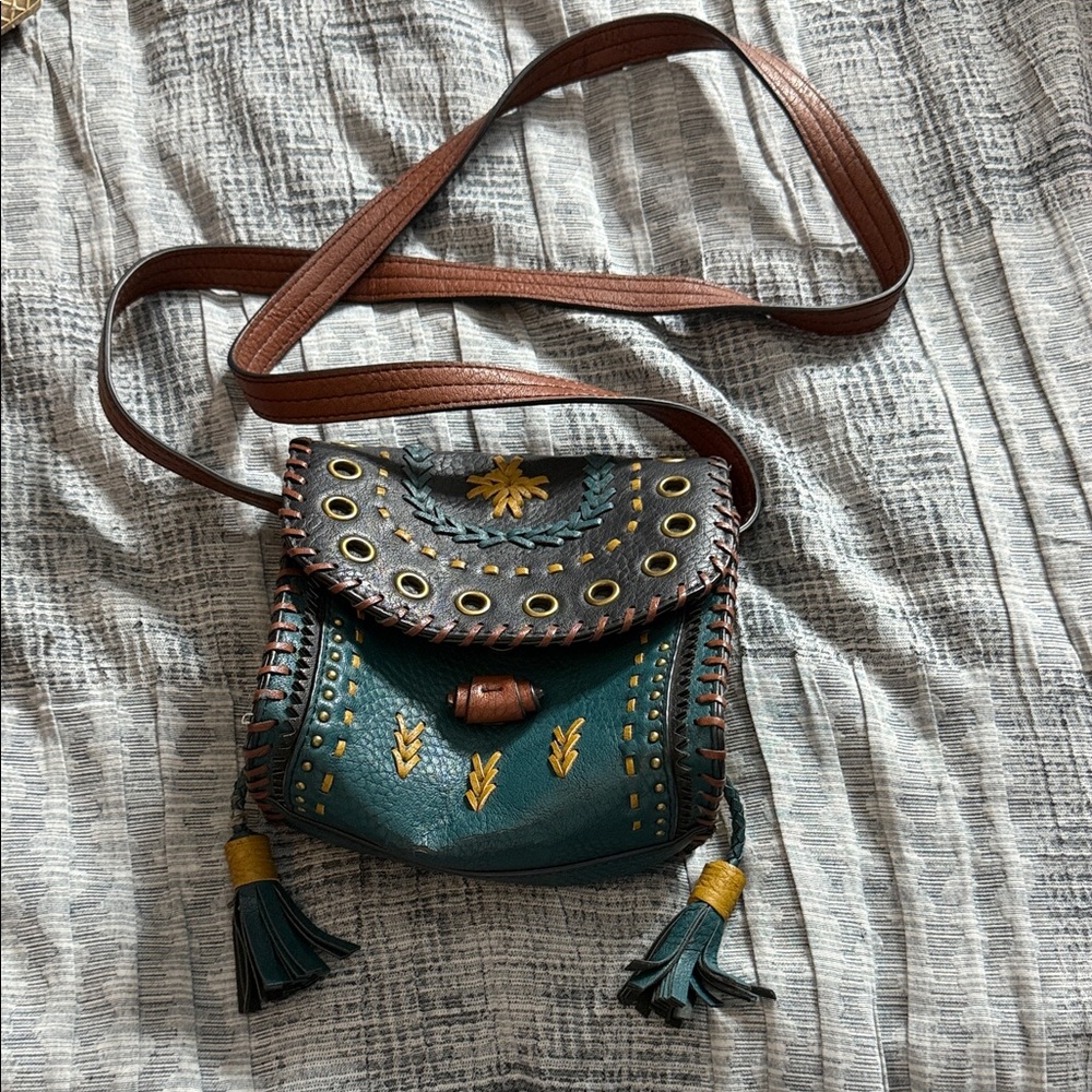 Steven By Steve Madden Teal and Brown Embroidered Crossbody Bag